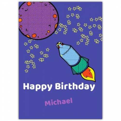 Happy Birthday Rocket With Stars And The Moon  Card