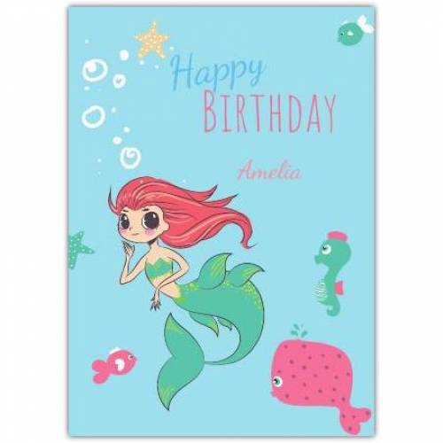 Happy Birthday Mermaid And Fish Card