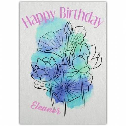 Aqua Watercolour Floral Happy Birthday Card
