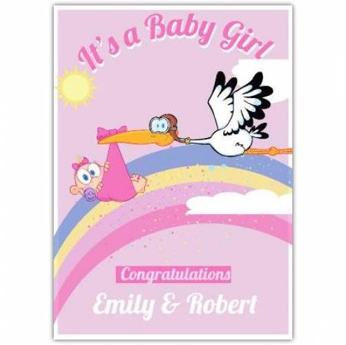 It's A Baby Girl Stork With Pink Blanket Raindow Card