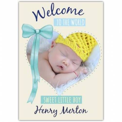 Welcome To The World Sweet Little Boy Blue Ribbon Photo Card