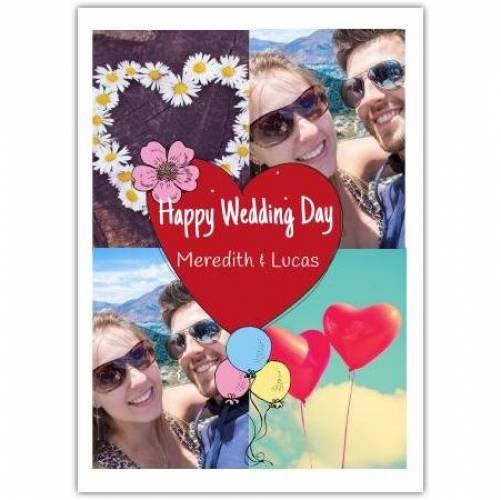 Happy Wedding Day Heart Balloons And Flowers  Card