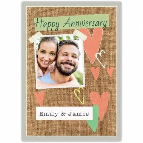 Happy Anniversary Hearts On Brown Texture Background Card