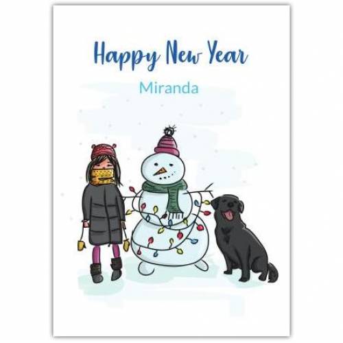 Happy New Year Girl Dog Snowman Greeting Card