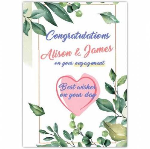 Congratulations Best Wishes On Your Day Pink Heart Green Leaves Card