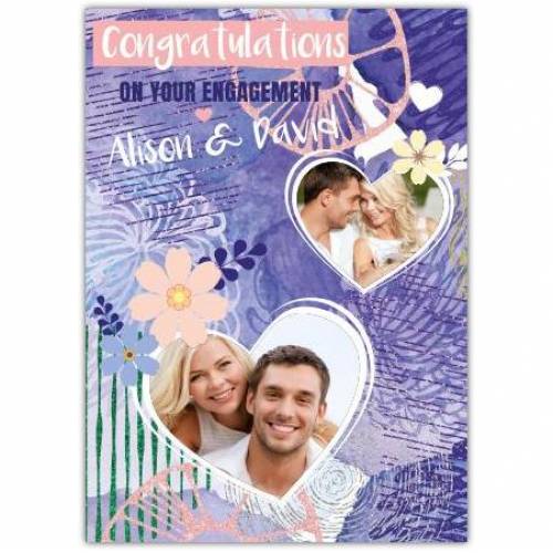 Congratulations On Your Engagement Two Heart Photos Purple Card