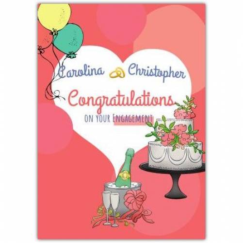 Congratulations On Your Engagement Wedding Cake And Champagne Names Card