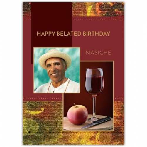 Happy Belated Birthday Red Background Wine And Apple Card