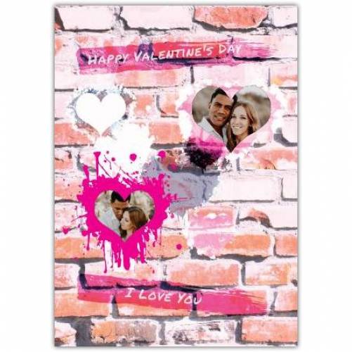 Happy Valentines Day Pink Brick Background With Hearts Card