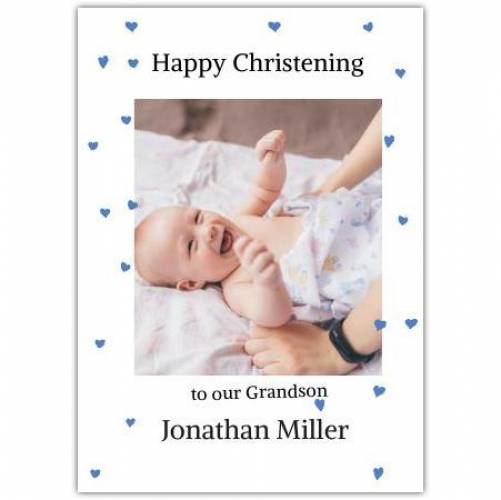 Christening Photo Upload Blue Hearts Greeting Card