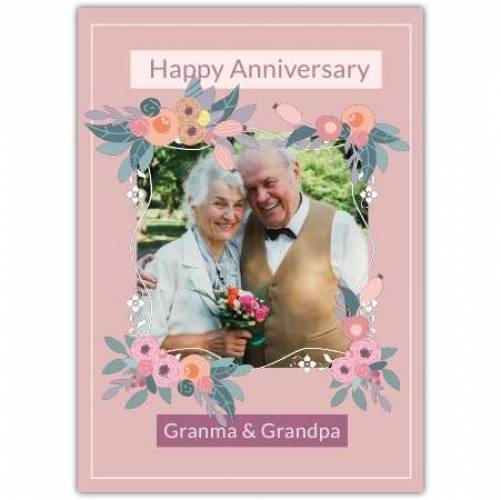 Happy Anniversary Flower Frame With Pink Background Card