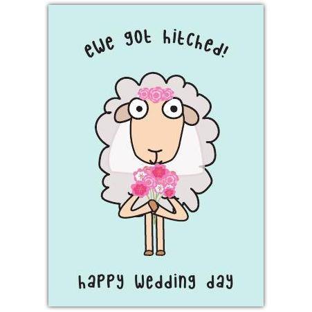 Wedding Day Hitched Sheep Pun Greeting Card