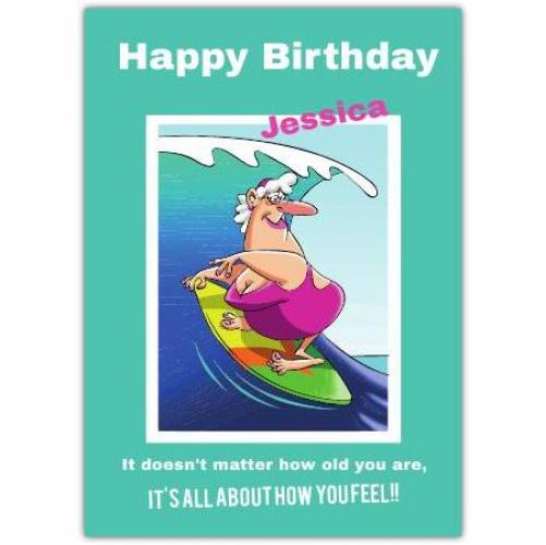 Happy Birthday Old Woman Surfing  Card
