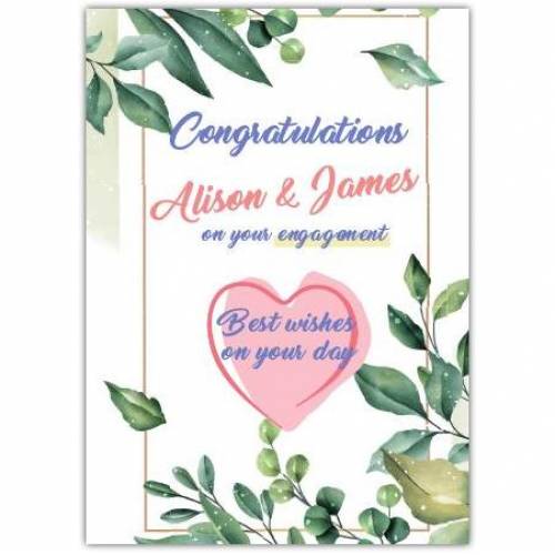 Congratulations Best Wishes On Your Day Pink Heart Green Leaves Card