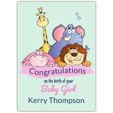 On The Birth Of Your Baby Girl Zoo Animals Green Card