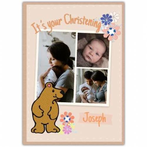 Christening Flowers And Bear  Card