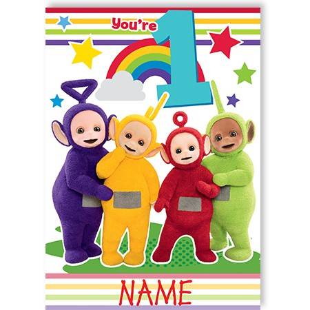 Teletubbies colourful rainbow greeting card personalised a5gem253016bbed