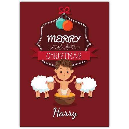 Boy In Manger With Sheep Merry Christmas Card