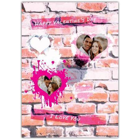 Happy Valentines Day Pink Brick Background With Hearts Card