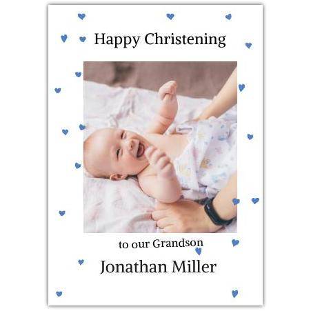 Christening Photo Upload Blue Hearts Greeting Card