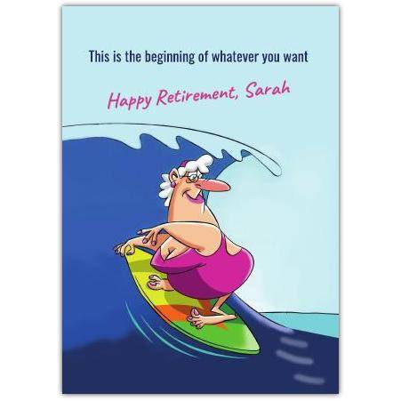 Happy Retirement Woman Surfs Up Greeting Card