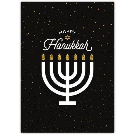 Happy Hanukkah Menorah Black Stars Greeting Card