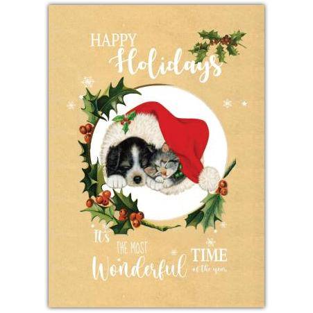 Happy Holidays Cute Vintage Pup & Kitten Greeting Card