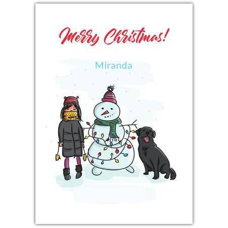 Merry Christmas Dog And Snowman Greeting Card