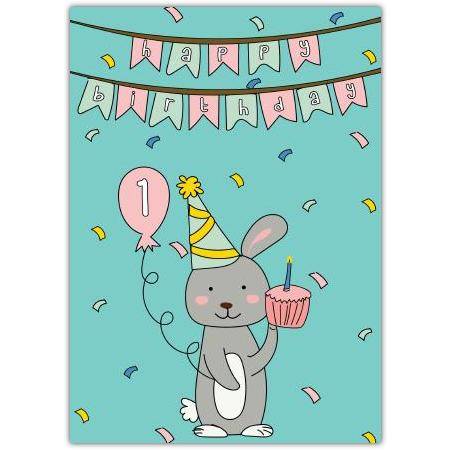 1st Birthday Rabbit With Cupcake Card