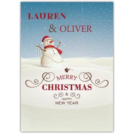 Snowman Christmas lights greeting card personalised a5pds2016003131