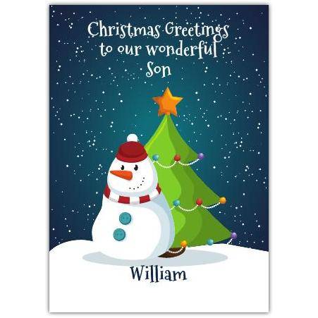 Snowman Christmas tree greeting card personalised a5pds2016003145