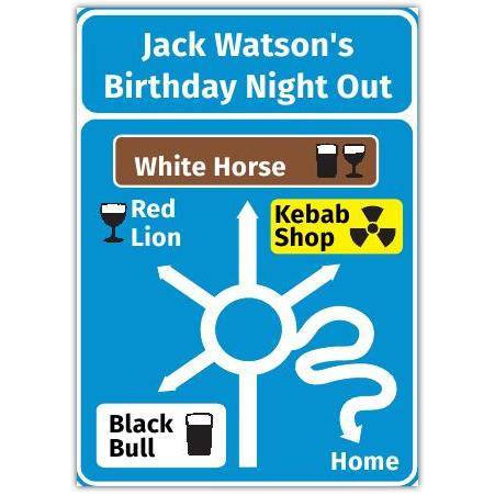 Night out road sign greeting card personalised a5blm2017003659