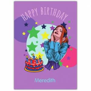 Happy Birthday Girl Listening To Music With Cake  Card