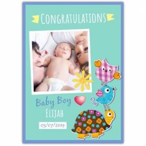 Congratulations Baby Boy Blue Turtle Bird Date And Name And Photo Card