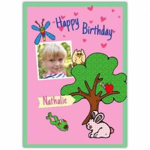 Happy Birthday Tree Bunny Owl Frog Pink Card