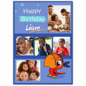 Happy Birthday Blue Photo Upload Parrot Greeting Card