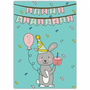 1st Birthday Rabbit With Cupcake Card