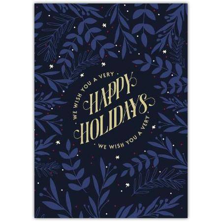 Happy Holidays Blue Leaves White Stars Greeting Card