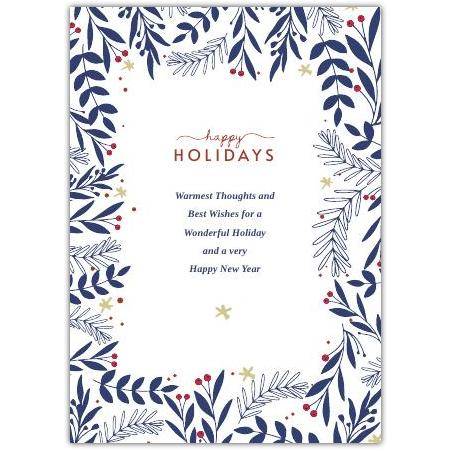 Happy Holidays Blue Leaves And Berries Greeting Card