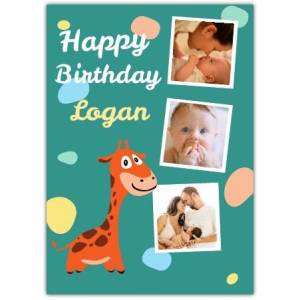 Giraffe Three Photo Baby Birthday Card