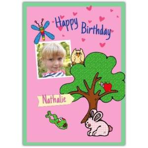 Happy Birthday Tree Bunny Owl Frog Pink Card