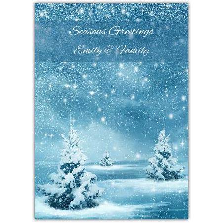 Seasons Greetings Falling Snow On Trees Card