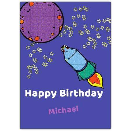 Happy Birthday Rocket With Stars And The Moon  Card