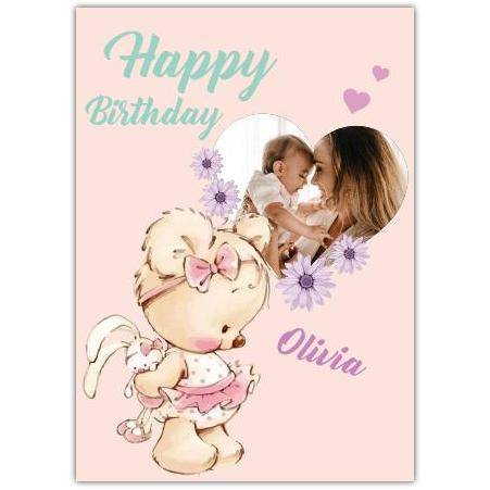 Happy Birthday Heart Photo Frame And Teddy With Bow Card