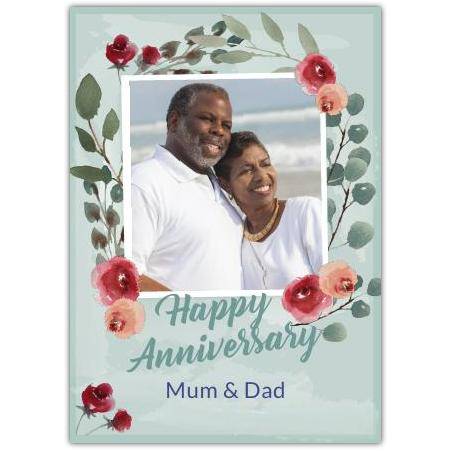 Anniversary Photo Upload Green Flowers Greeting Card