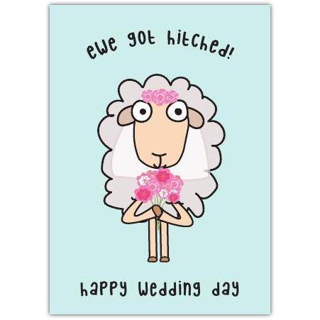 Wedding Day Hitched Sheep Pun Greeting Card