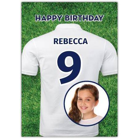 Blue/White Photo Upload Football Birthday Card