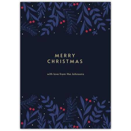 Merry Christmas Blue Leaves Red Berries Greeting Card