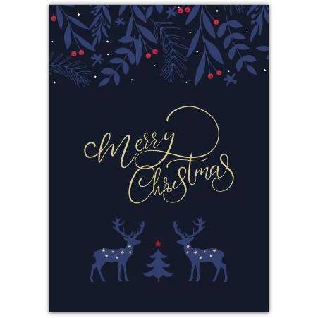 Merry Christmas Blue Deer Family Greeting Card