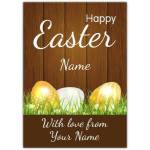 Personalised Happy Easter Card with Golden Eggs on Grass and Wood Background